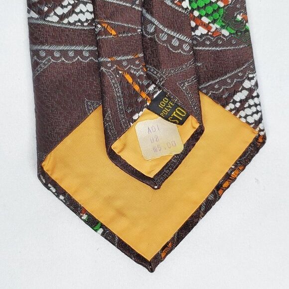 Vintage 70s Mens Wide Textured Necktie Geometric Paisley Stripe Tie Brown Green - Picture 2 of 3